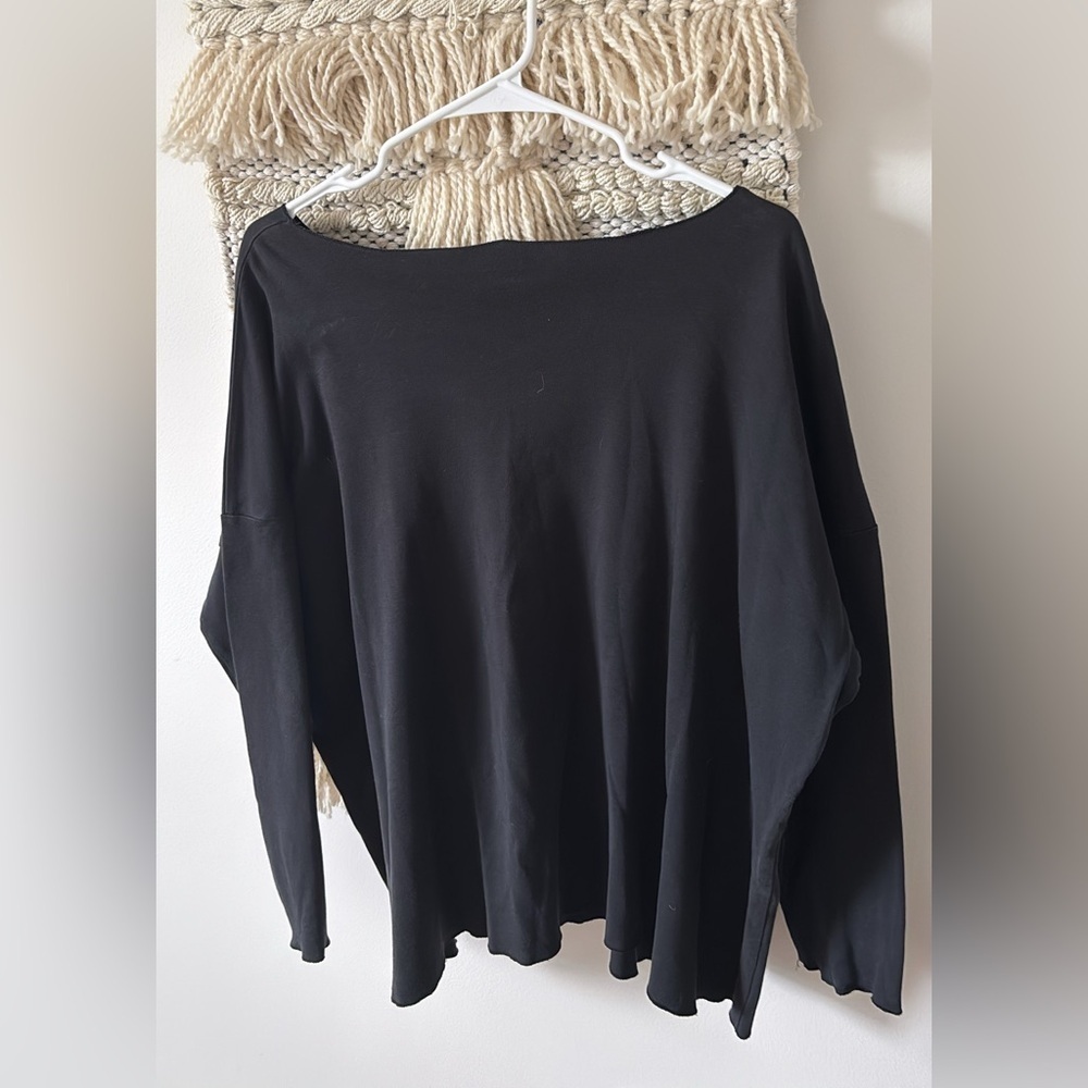 Planet by Lauren G Raw Hem Pima Cotton Sweatshirt Long Sleeve Black One Size - Picture 4 of 5
